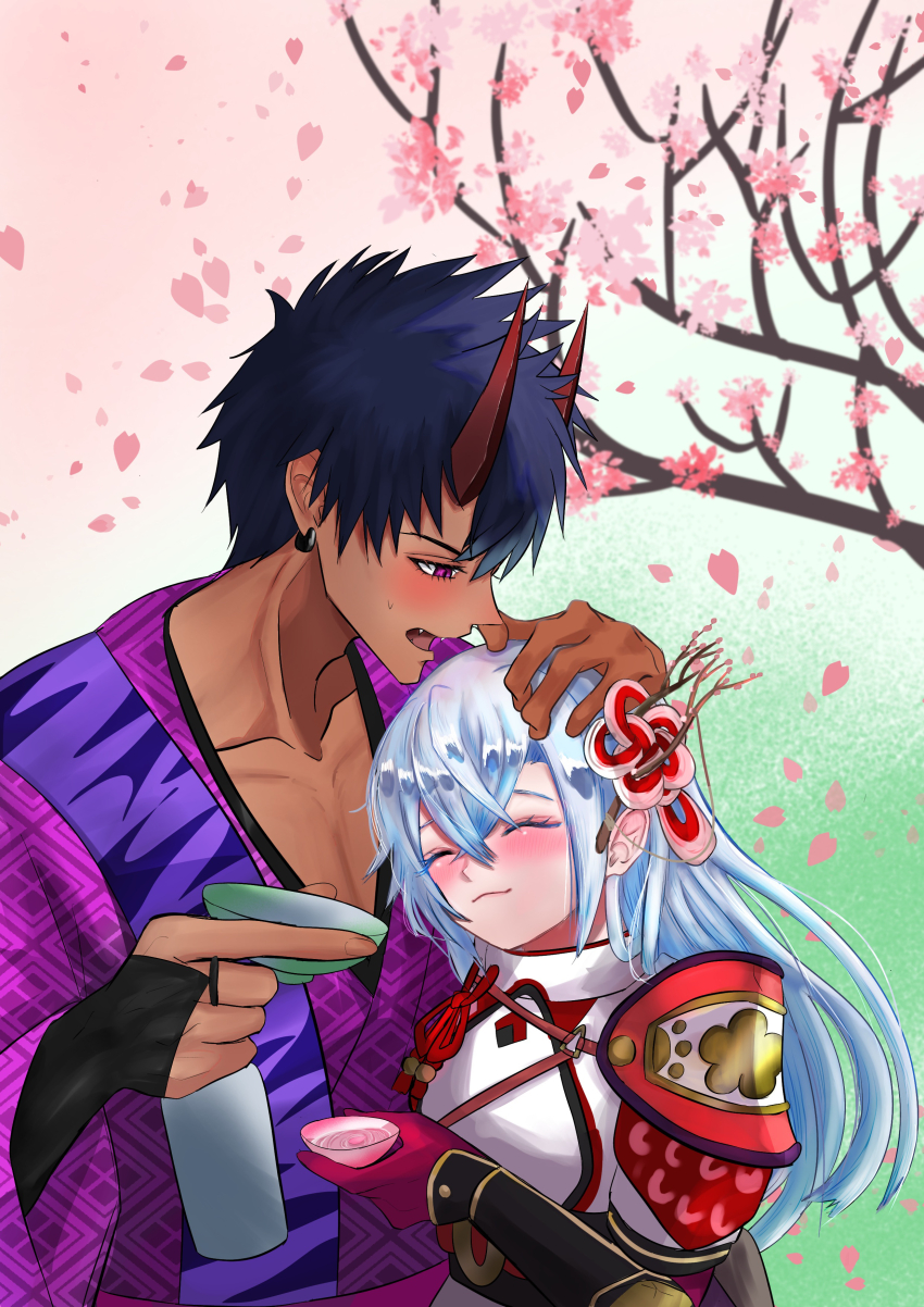 1boy, 1girl, absurdres, blush, colored_skin, commentary_request, couple, cup