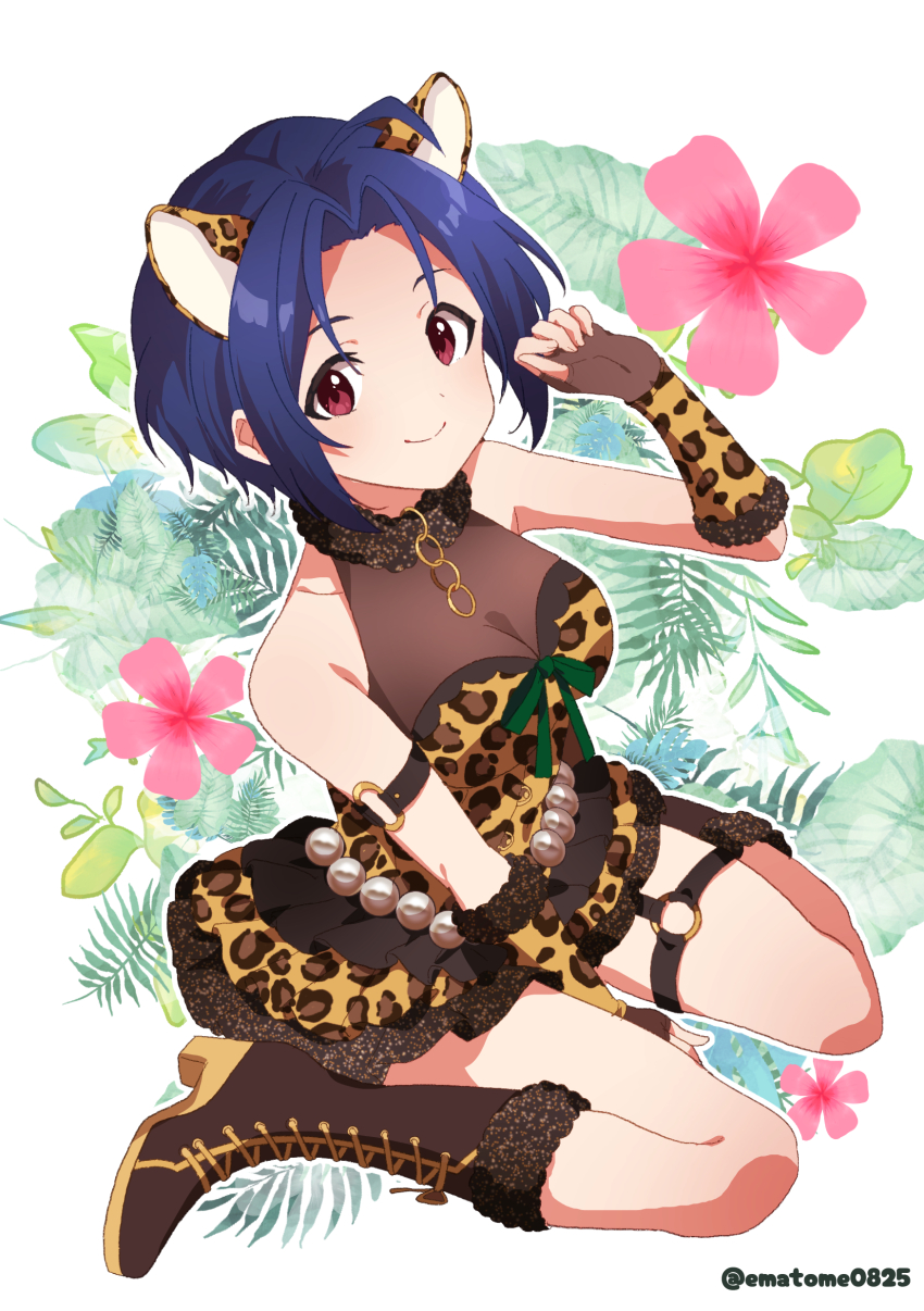 1girl, absurdres, ahoge, animal_ears, animal_print, blue_hair, boots, brown_boots