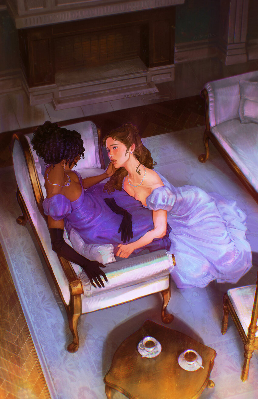 2girls, artist_name, black_gloves, black_hair, blue_dress, bridgerton, brown_hair, coffee_table, commentary, couch, cup, dark-skinned_female, dark_skin, dress, earrings, elbow_gloves, english_commentary, finger_in_another's_mouth, fireplace, francesca_bridgerton, gloves, hair_bun, half_up_bun, highres, jewelry, kinky_hair, michaela_stirling, multiple_girls, necklace, on_couch, purple_dress, single_unworn_glove, sitting, systemflaw, table, teacup, yuri