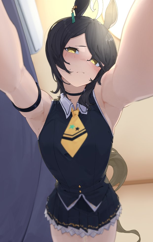 1girl, alternate_hair_length, alternate_hairstyle, animal_ears, arm_belt, armpits, black_choker, black_hair