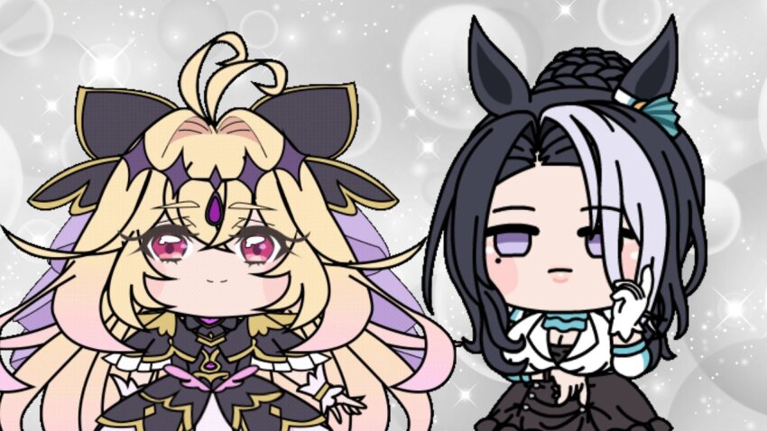 2girls, animal_ears, antenna_hair, black_bow, black_capelet, black_dress, black_hair, blonde_hair