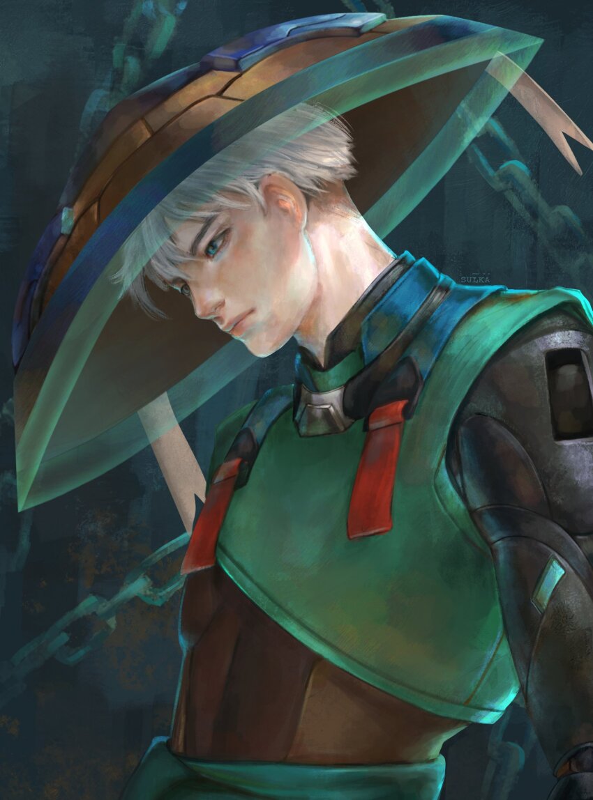 1boy, black_shirt, chain, closed_mouth, collared_shirt, cowboy_shot, from_side, green_eyes