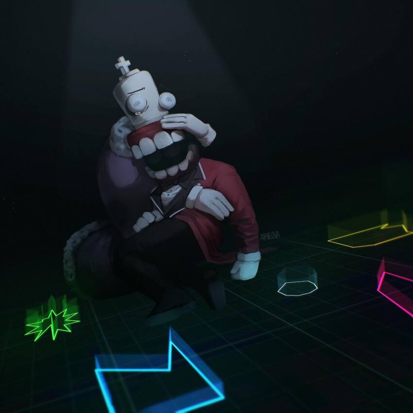 2boys, ariilova, black_shoes, caine_(the_amazing_digital_circus), chess_piece, dark, death, dentures