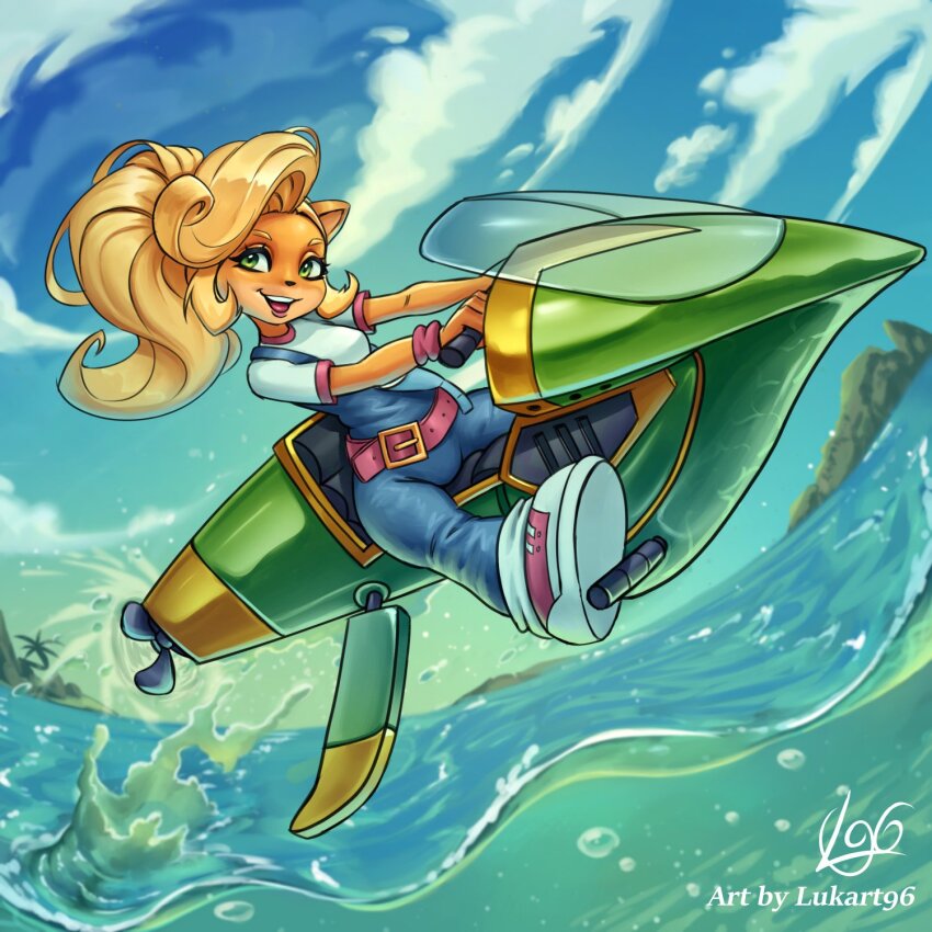 1girl, ahoge, animal_ears, animal_nose, blonde_hair, blue_overalls, coco_bandicoot, crash_bandicoot_(series)