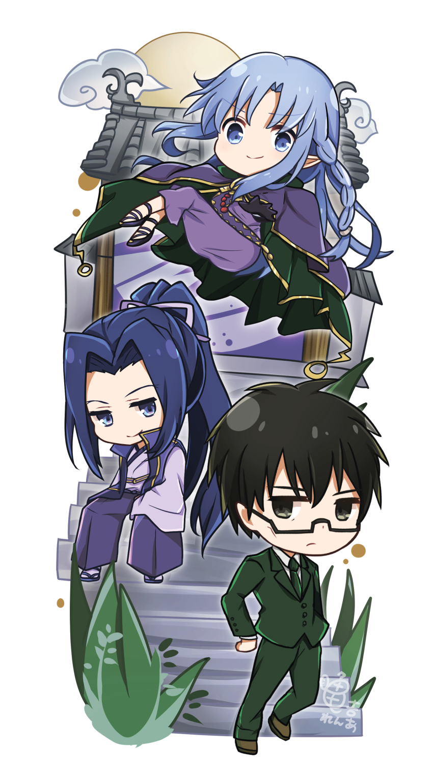 1girl, 2boys, absurdres, akikame_reina, blue_hair, braid, brown_shoes, cape