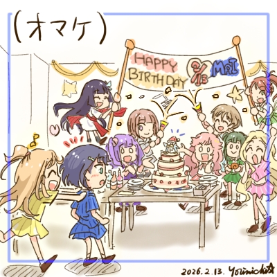 13, 6+girls, :d, ;d, ahoge, ascot, azabu_mai, birthday_cake