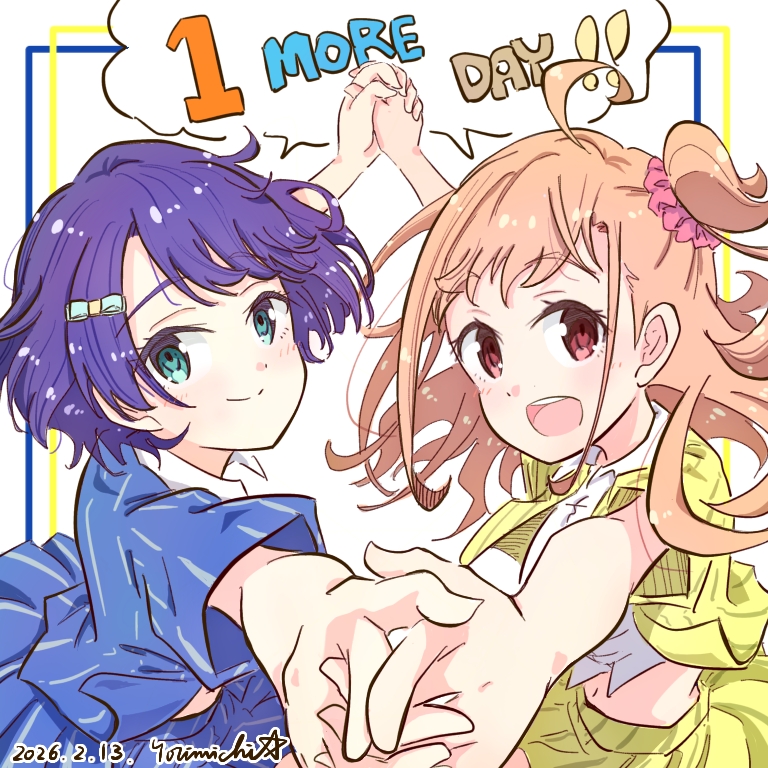 2girls, :d, ahoge, arm_up, azabu_mai, blue_eyes, blue_jacket, collared_shirt, commentary_request, cropped_jacket, hair_ornament, hair_scrunchie, ikizulive!_love_live!_bluebird, jacket, long_hair, looking_at_viewer, love_live!, miniskirt, multiple_girls, official_alternate_costume, one_side_up, open_clothes, open_jacket, open_mouth, orange_eyes, orange_hair, pinstripe_jacket, pinstripe_pattern, pinstripe_skirt, pleated_skirt, purple_hair, scrunchie, shirt, short-sleeved_jacket, short_hair, short_sleeves, skirt, smile, takahashi_polka, twitter_username, what_is_my_life?_(love_live!), white_shirt, yellow_background, yellow_jacket, yellow_skirt, yorimichi_blue