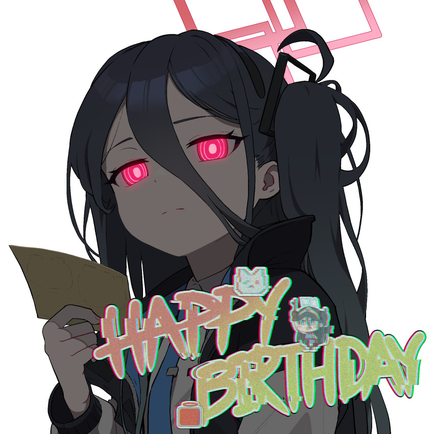 1girl, aris_(blue_archive), backscratcher777, black_hair, black_jacket, blue_archive, bright_pupils, chibi