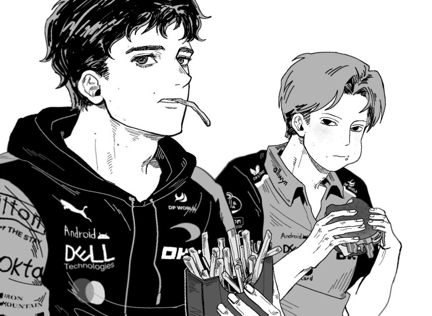 2boys, adam's_apple, arms_up, burger, chewing, collared_shirt, commentary, dell