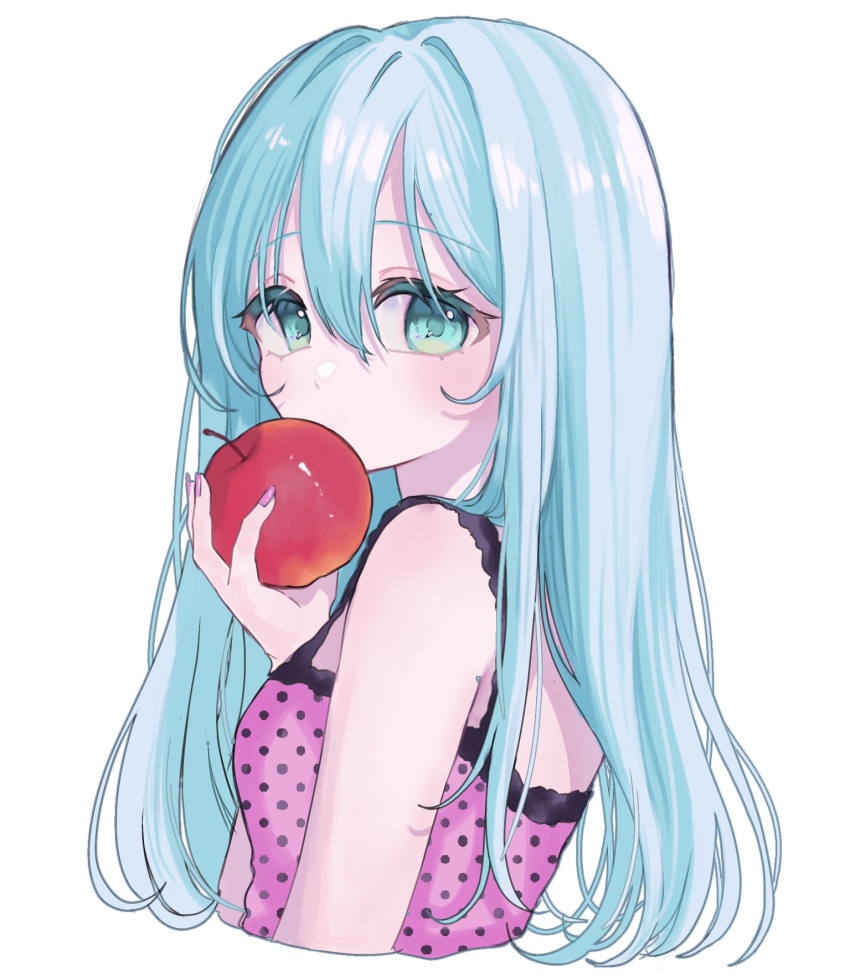 1girl, apple, aqua_eyes, arm_at_side, bare_arms, bare_shoulders, bikini, black_bikini