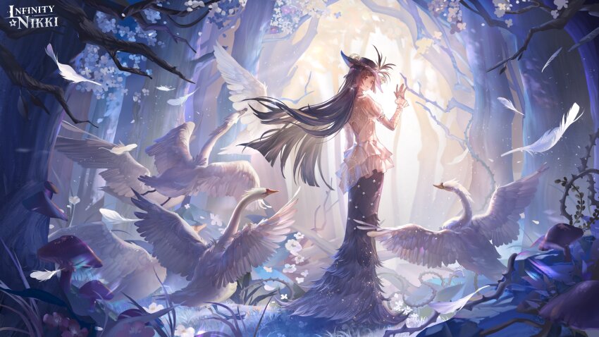 1girl, absurdres, artist_request, back_cutout, bird, black_hat, black_skirt, blunt_bangs