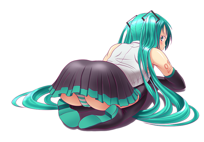 1girl, aqua_eyes, aqua_hair, aqua_trim, arm_warmers, ass, ass_focus, bare_shoulders, black_arm_warmers, black_boots, black_skirt, blush, boots, character_name_tattoo, collared_shirt, colored_shoe_soles, dogeza, from_behind, grey_shirt, hair_spread_out, hatsune_miku, invisible_floor, long_hair, looking_at_viewer, miniskirt, number_tattoo, panties, pleated_skirt, profile, shirt, shoe_soles, shoulder_tattoo, skirt, sleeveless, sleeveless_shirt, solo, striped_clothes, striped_panties, tattoo, thigh_boots, transparent_background, underwear, v-shaped_eyebrows, very_long_hair, vocaloid, wokada