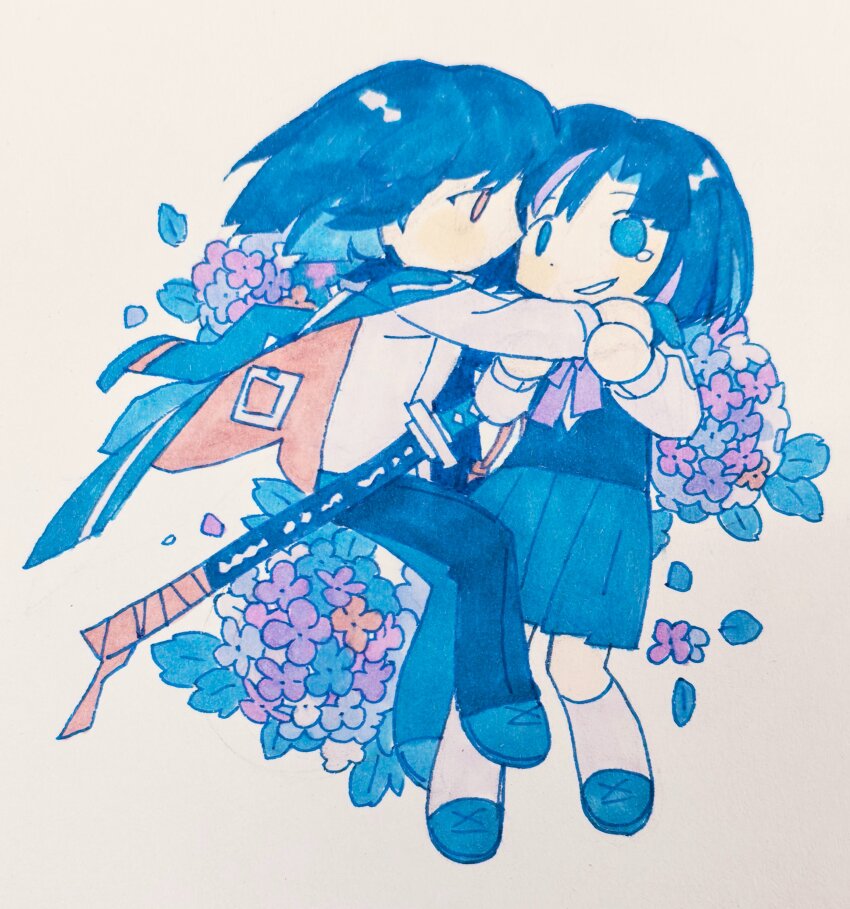 2girls, absurdres, araya_(project_moon), black_hair, black_pants, black_skirt, black_sweater, bob_cut