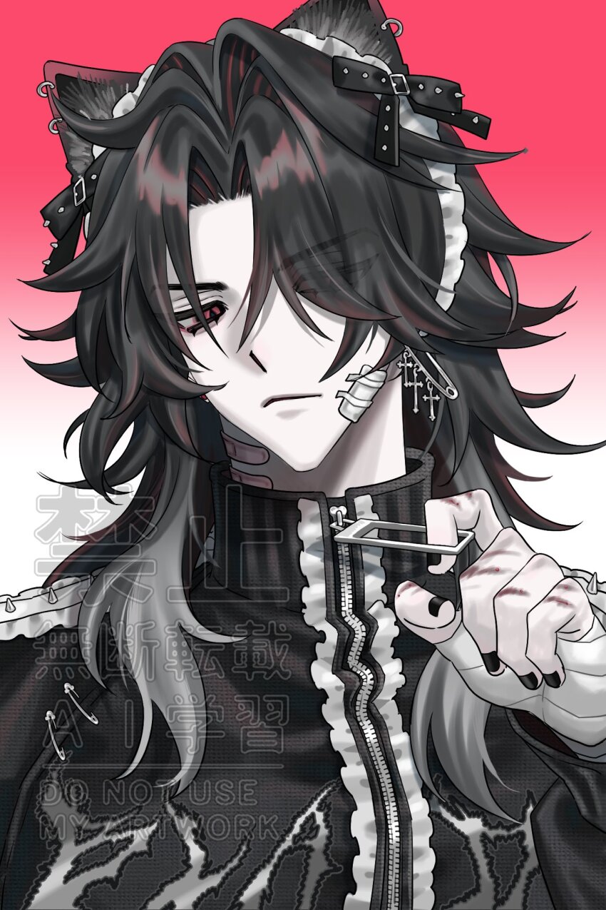 1boy, animal_ears, bandaged_hand, bandages, black_hair, black_jacket, black_nails, blade_(honkai:_star_rail)