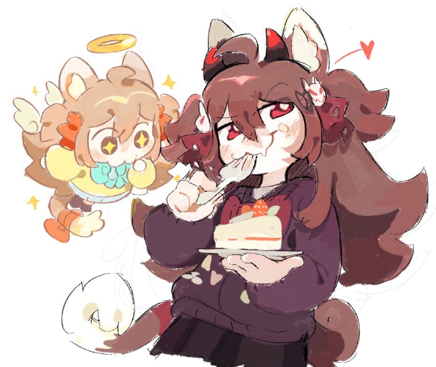 +_+, 2girls, :3, ahchive_be, ahoge, angel, angel_wings, animal_ear_fluff