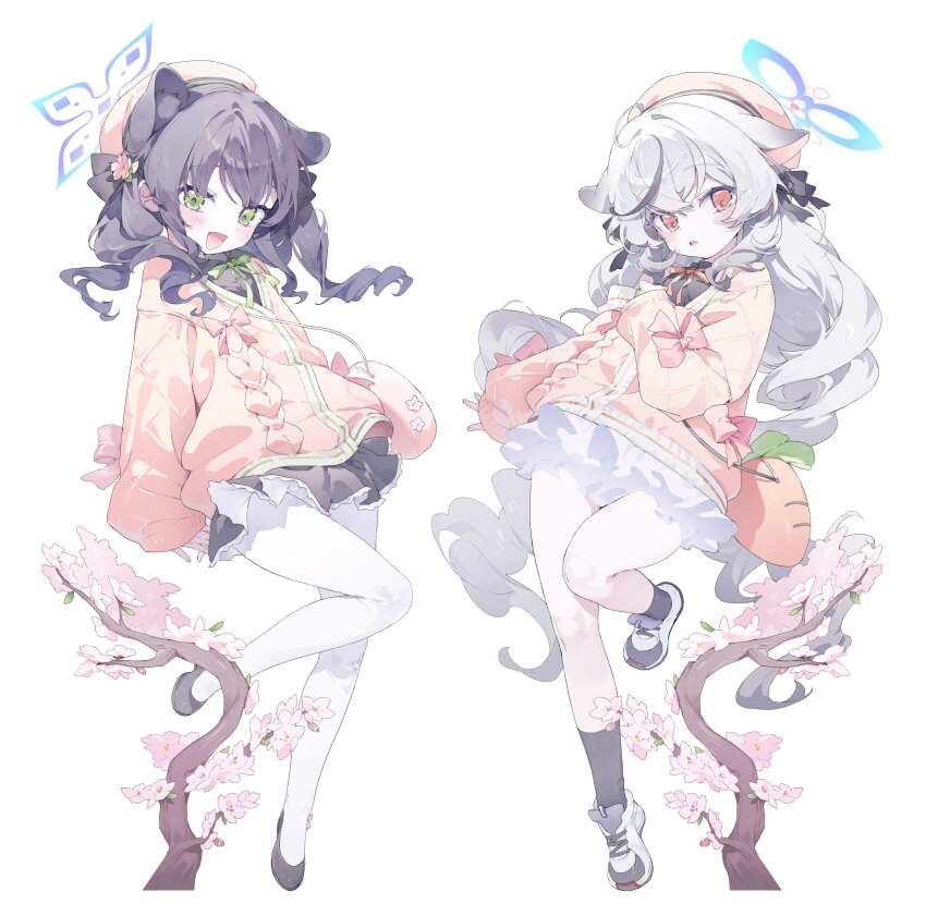 2girls, absurdres, alternate_costume, animal_ear_fluff, animal_ears, bag, beret, black_bow, black_hair, black_skirt, black_socks, black_streaks, blue_archive, blue_halo, blush, bow, cardigan, carrot_bag, commentary, extra_ears, flower, fluffy_hair, frills, full_body, green_eyes, grey_hair, hair_bow, hair_flower, hair_ornament, halo, hand_up, hat, highres, jacket, kokona_(blue_archive), leg_up, long_hair, long_sleeves, looking_at_viewer, meunhongcha, multicolored_hair, multiple_girls, open_mouth, orange_cardigan, orange_eyes, orange_hat, orange_ribbon, pantyhose, ribbon, shoes, shoulder_bag, shun_(blue_archive), shun_(small)_(blue_archive), siblings, simple_background, sisters, skirt, smile, socks, standing, streaked_hair, twintails, white_background, white_pantyhose, white_shoes, white_skirt