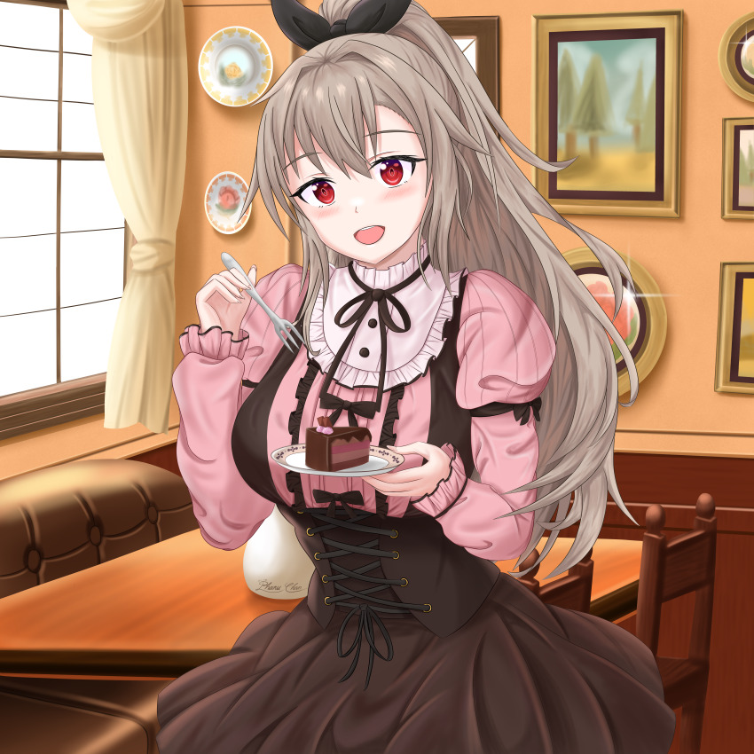 1girl, :d, absurdres, alternate_costume, arm_ribbon, black_ribbon, blush, breasts