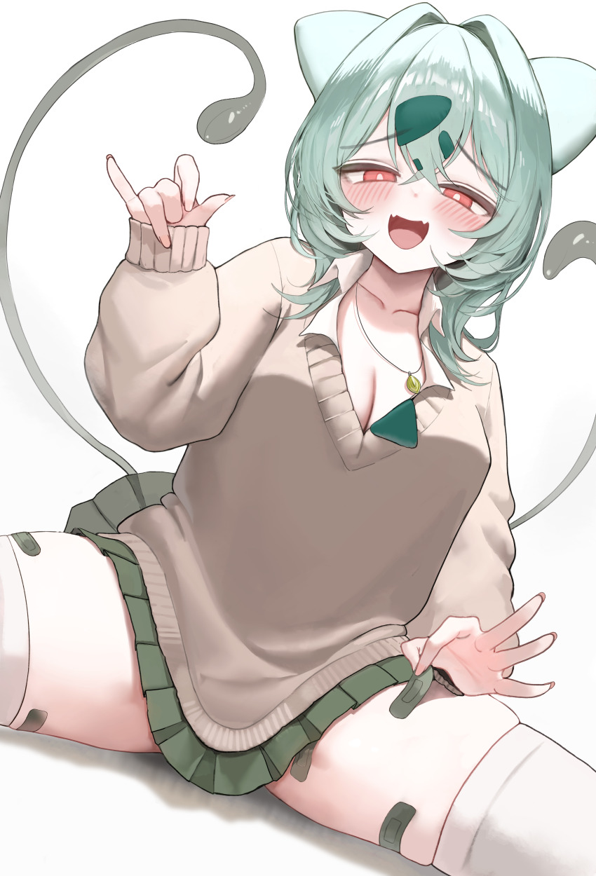 1girl, :d, absurdres, bandaid, bandaid_on_thigh, blush, breasts, brown_sweater