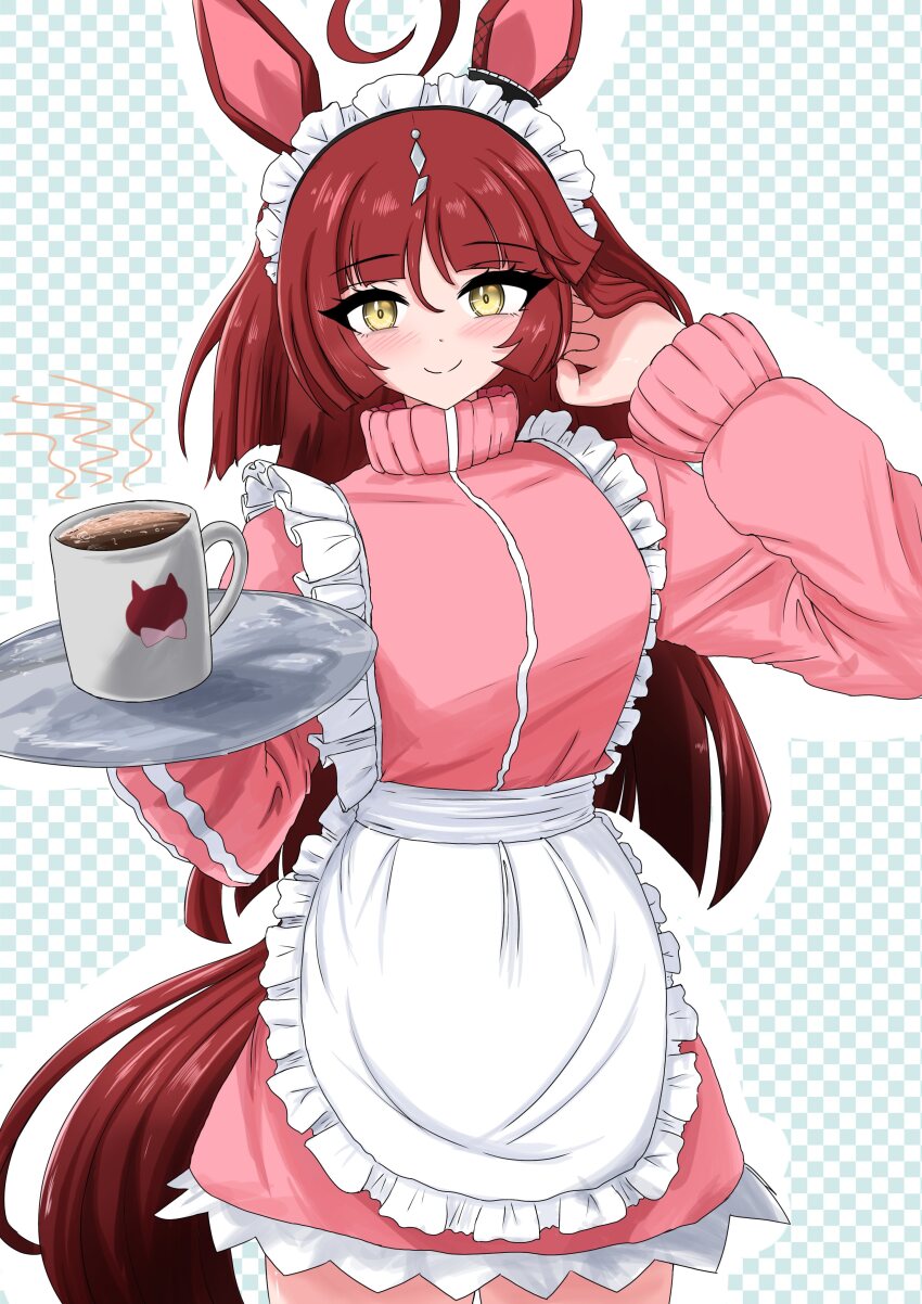 1girl, absurdres, ahoge, alternate_costume, animal_ears, annoyingmaggot, apron, blush, closed_mouth, coffee, coffee_mug, cup, frilled_apron, frills, hair_between_eyes, hairband, highres, holding, holding_tray, horse_ears, horse_girl, horse_tail, jacket, jersey_maid, long_hair, long_sleeves, looking_at_viewer, maid, maid_apron, maid_headdress, mug, pink_jacket, red_desire_(umamusume), red_hair, smile, solo, tail, track_jacket, tray, umamusume, unconventional_maid, waist_apron, white_apron, white_headdress, yellow_eyes