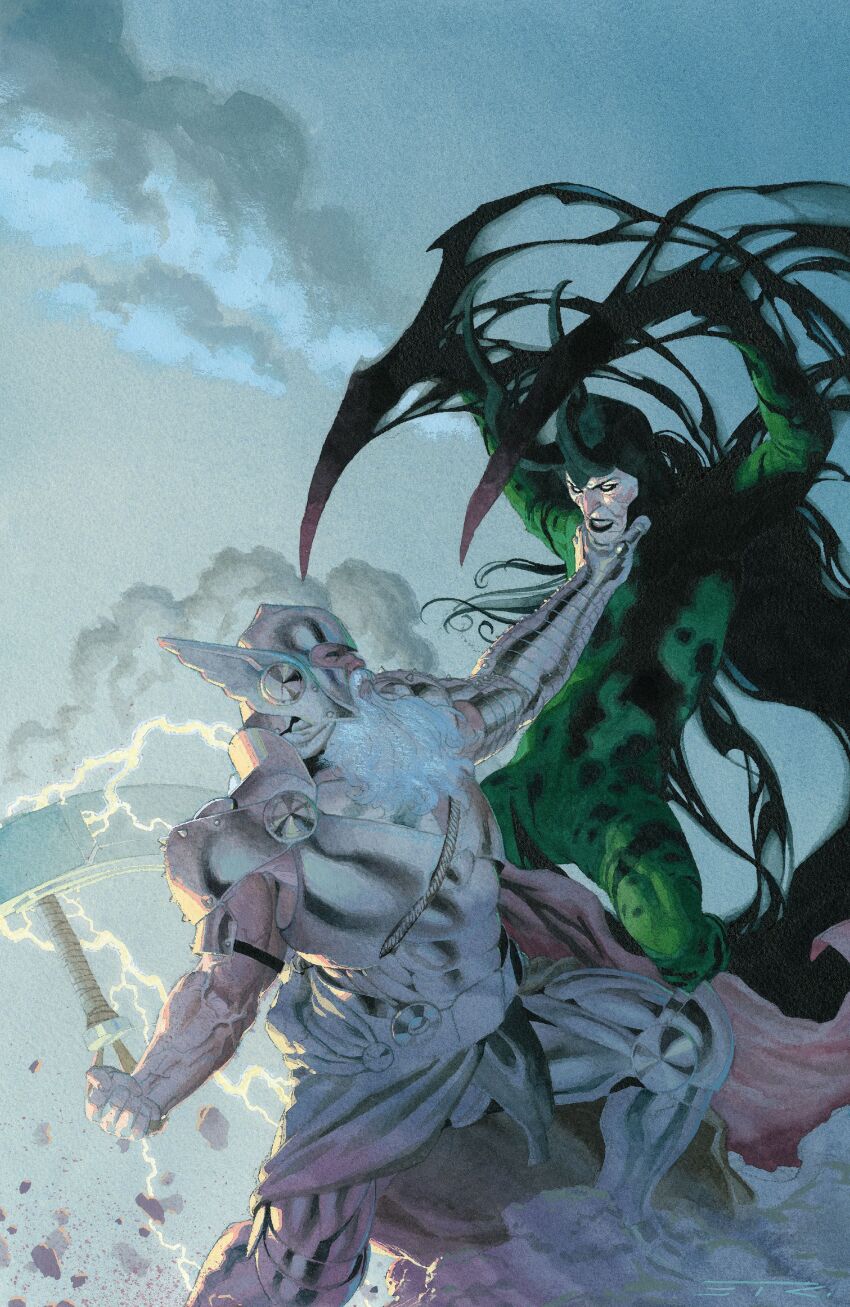 2boys, absurdres, adoptive_siblings, aged_up, armor, beard, black_lips, bodysuit, breastplate, brothers, can't_choose_your_own_family, cape, cloud, comic_cover, cover, cover_page, esad_ribic, facial_hair, fake_horns, fighting, greaves, green_bodysuit, green_helmet, grey_armor, grey_background, grey_helmet, hammer, helmet, highres, holding, holding_hammer, holding_weapon, horned_helmet, horns, loki_(all-butcher)_(marvel), loki_(marvel), male_focus, marvel, mature_male, mjolnir_(marvel), monster_boy, multiple_boys, muscular, muscular_male, official_alternate_costume, official_alternate_design, official_art, pauldrons, realistic, red_cape, shoulder_armor, siblings, slime_boy, spiked_pauldrons, spikes, textless_version, third-party_source, thor_(marvel), thor_(marvel)_(series), traditional_media, veins, veiny_arms, weapon, white_facial_hair, winged_helmet, wrinkled_skin