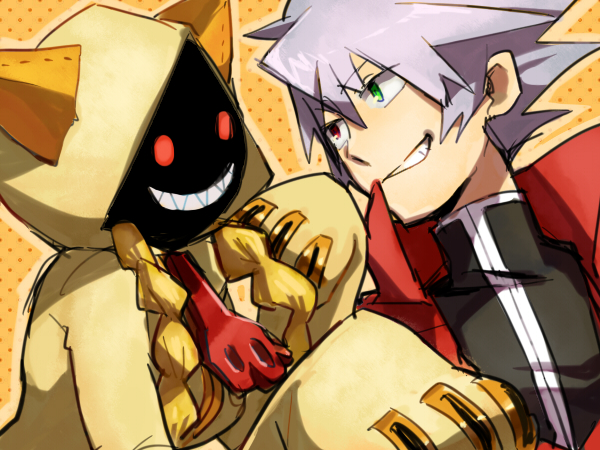 1boy, 1girl, arc_system_works, blazblue, blonde_hair, braid, grey_hair, grin, heterochromia, hood, memna_(renka_roll), ragna_the_bloodedge, red_eyes, smile, taokaka, twin_braids