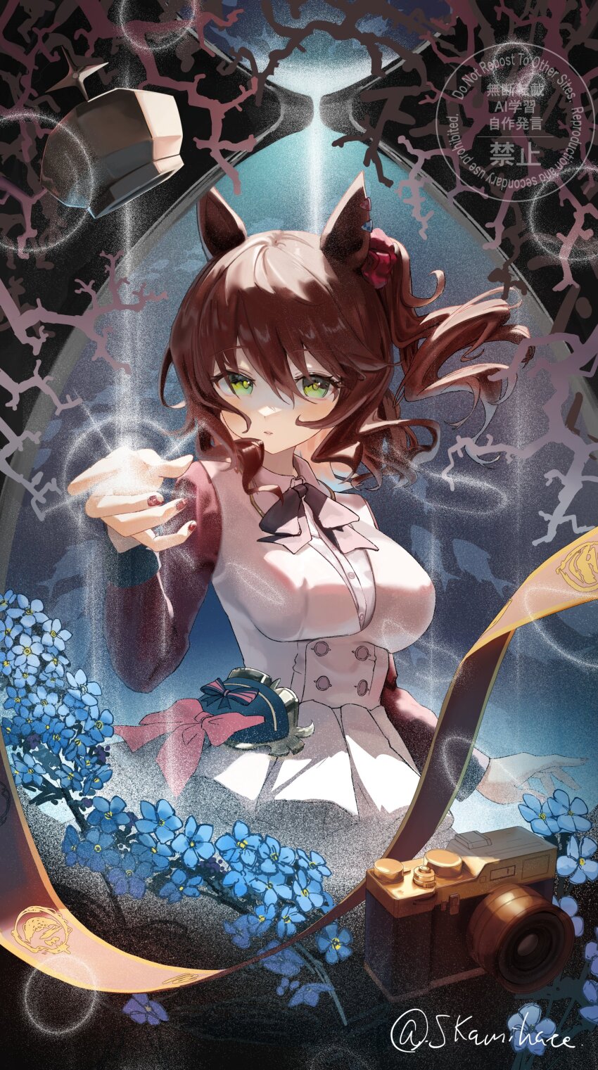 1girl, absurdres, animal_ears, aston_machan_(flare)_(umamusume), aston_machan_(umamusume), black_bow, black_bowtie, blush