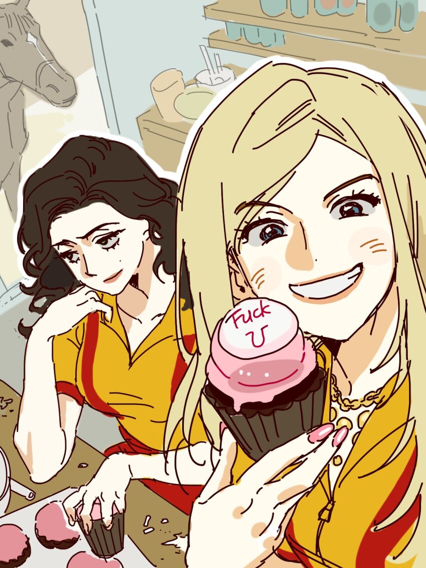 2_broke_girls, 2girls, animification, blonde_hair, blue_eyes, caroline_channing, commentary_request, cupcake