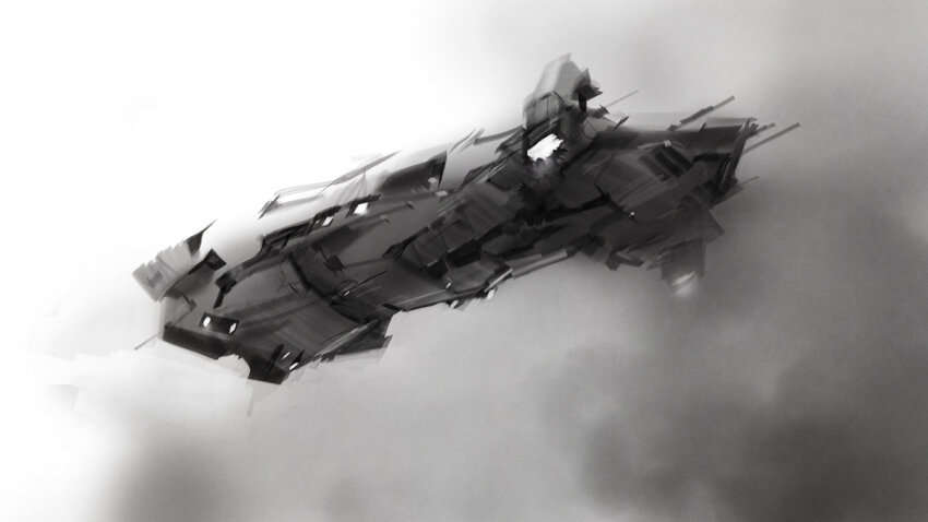aircraft, cloud, cloudy_sky, commentary, concept_art, dust_514, english_commentary, eve_online, flying, glowing, greyscale, military_vehicle, mobile_command_center_(dust_514), monochrome, no_humans, official_art, outdoors, science_fiction, sky, spacecraft, thrusters, vehicle_focus, vtol