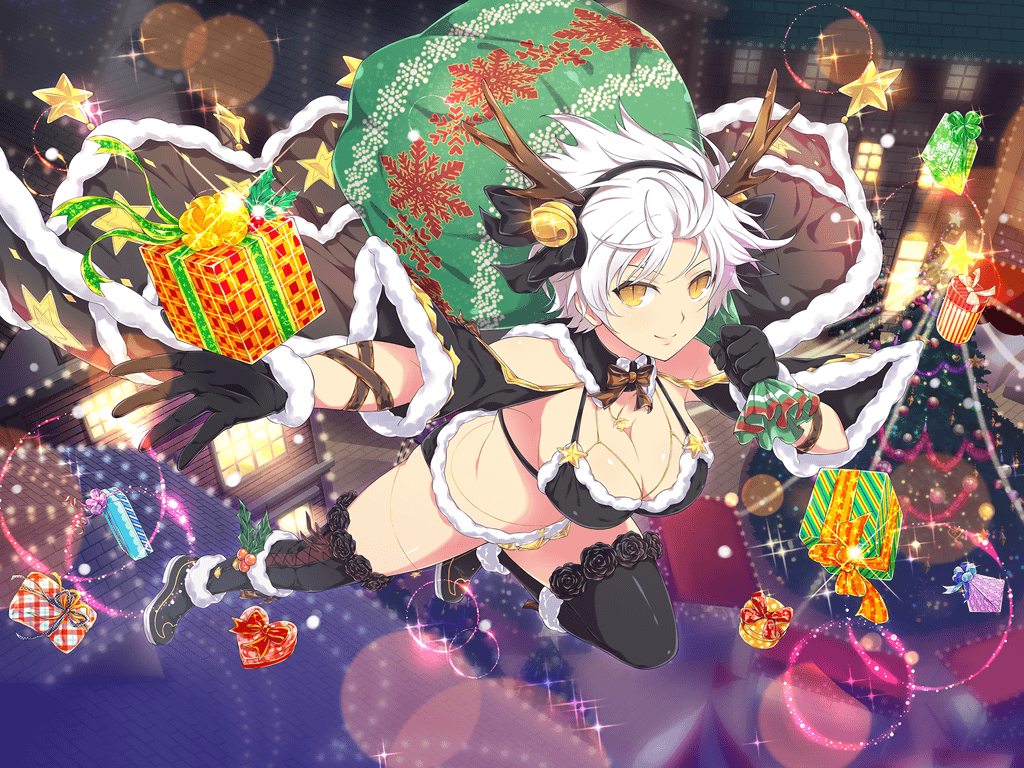 1girl, antlers, bag, bell, bikini, black_bikini, black_bow, black_cape