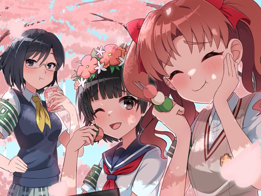 3girls, :t, ;d, armband, black_hair, blue_eyes, blue_sailor_collar, blue_sweater_vest