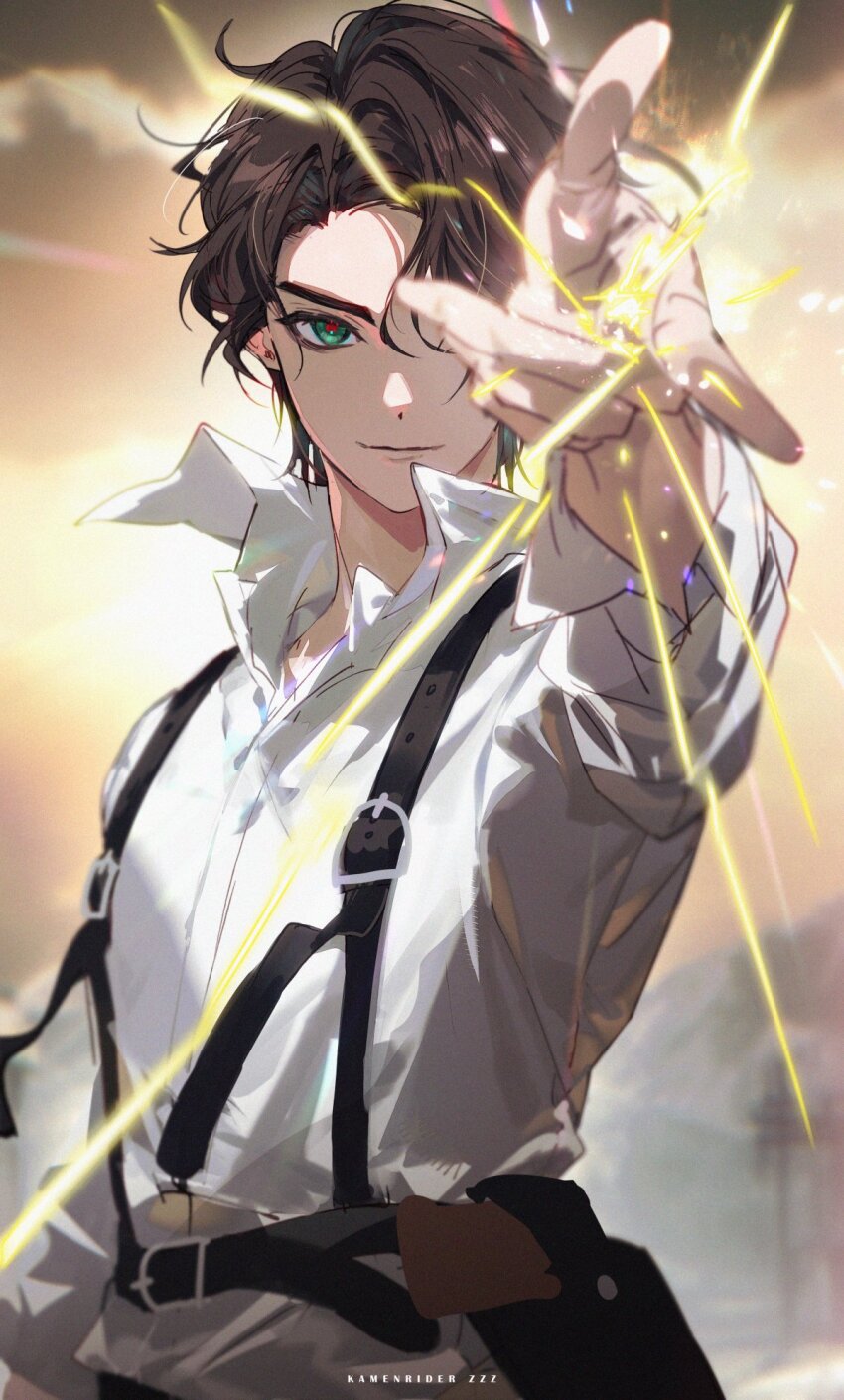 belt, brown_hair, closed_mouth, commentary, copyright_name, doran_(doran7280), electricity, green_eyes