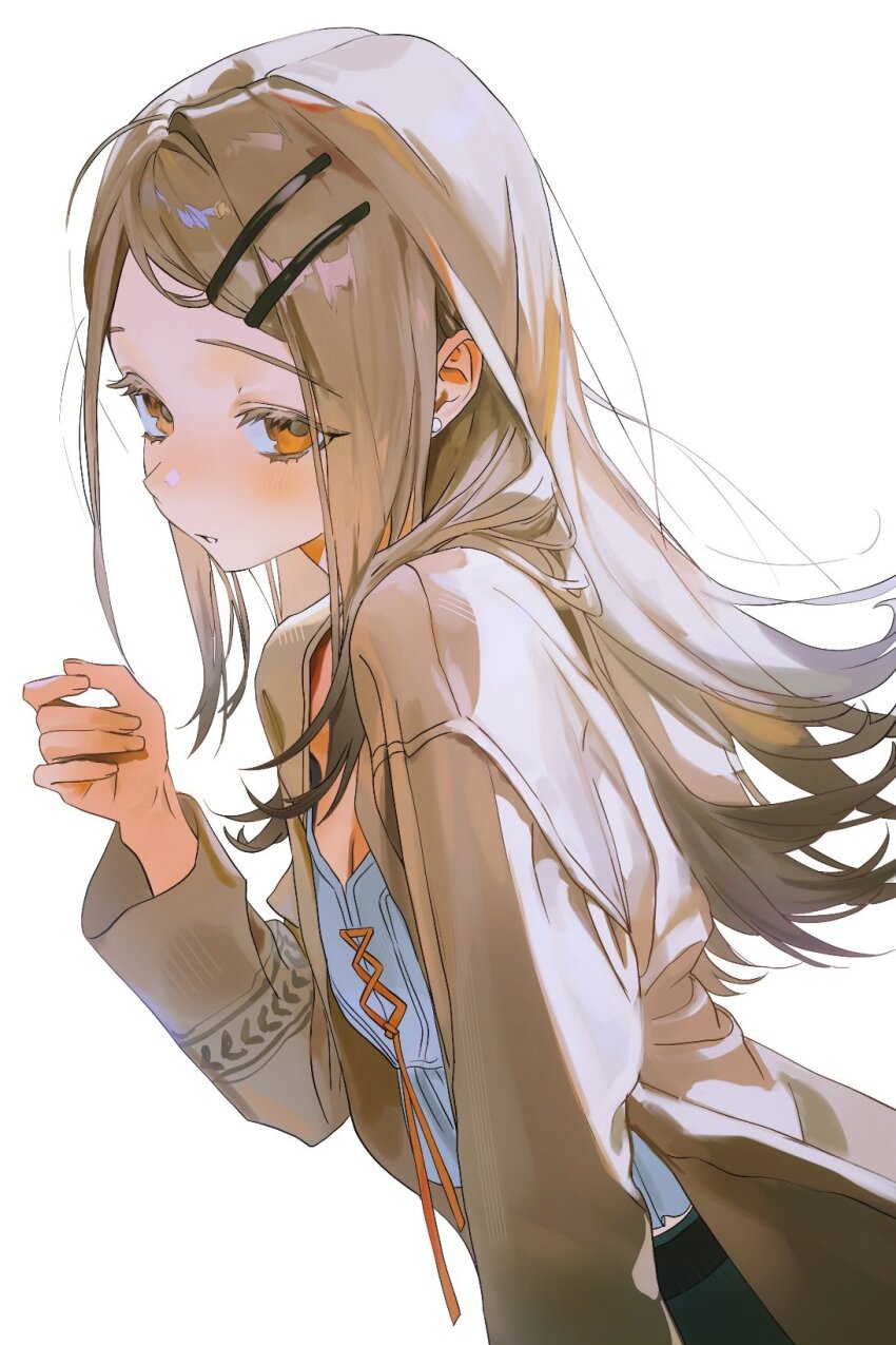 1girl, blonde_hair, brown_jacket, camisole, colored_eyelashes, earrings, flipped_hair, from_side, gakuen_idolmaster, hair_ornament, hairclip, hand_up, hhuu1332, highres, idolmaster, jacket, jewelry, long_hair, looking_at_viewer, looking_to_the_side, orange_eyes, parallel_hairclips, parted_lips, shinosawa_hiro, sideways_glance, simple_background, solo, stud_earrings, upper_body, white_background, white_camisole