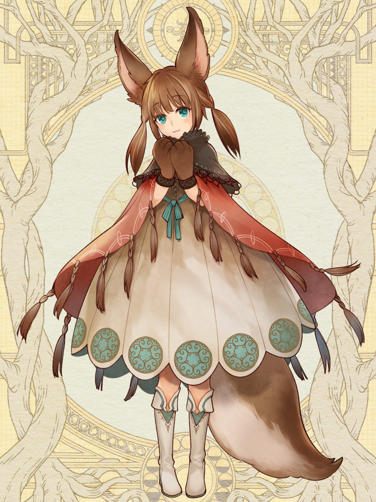 1girl, animal_ears, animal_hands, aqua_eyes, boots, brown_hair, cape, dairoku_ryouhei