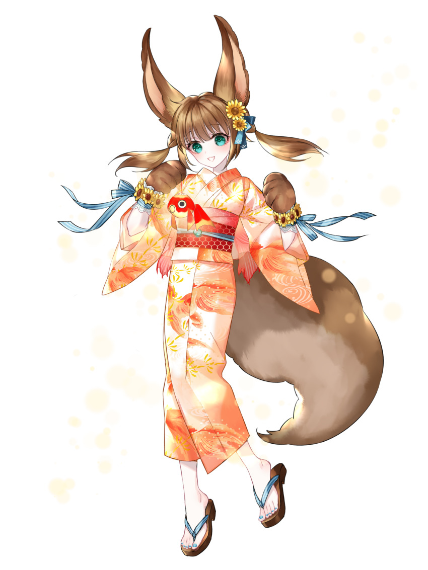 1girl, :d, animal_ears, animal_hands, aqua_eyes, blue_nails, brown_hair, dairoku_ryouhei, flower, flower_wristband, full_body, gloves, hair_flower, hair_ornament, highres, japanese_clothes, kimono, medium_hair, ojiro_chitose, open_mouth, orange_kimono, paw_gloves, sandals, smile, solo, standing, tail, twintails, wristband, yusa_tk74