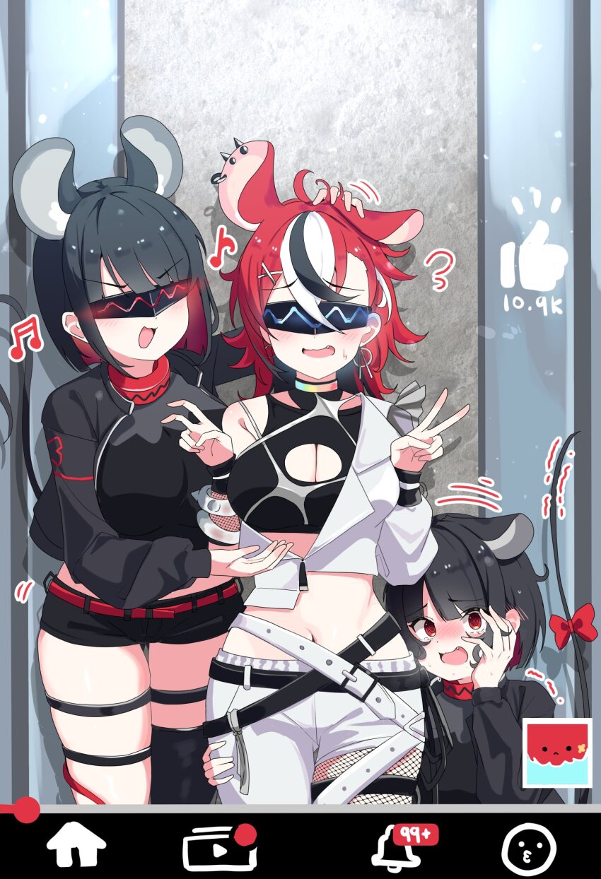 animal_ear_piercing, animal_ears, arm_around_leg, asymmetrical_clothes, backup_dancer_(hakos_baelz), belt, black_hair, black_jacket