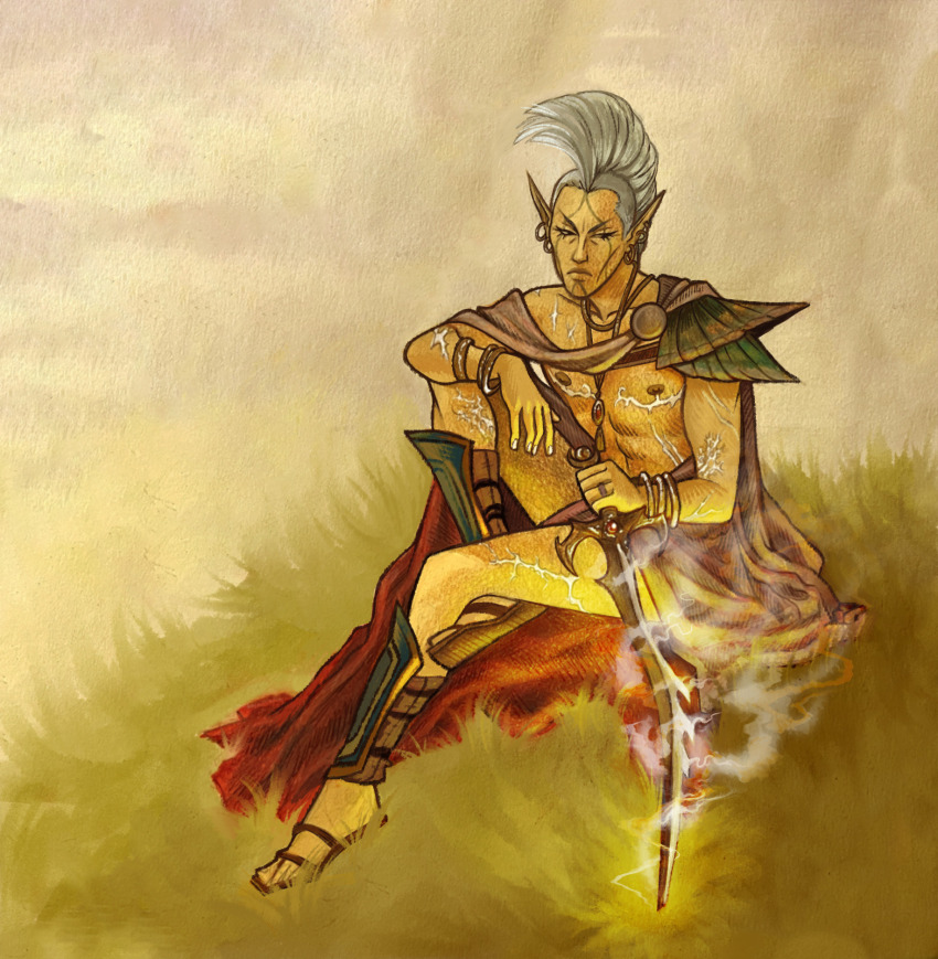 1boy, armor, body_markings, bracelet, cape, cloud, cloudy_sky, colored_skin, commentary, earrings, english_commentary, facial_mark, from_side, gold_earrings, grandpa-swamp, grass, highres, hill, holding, holding_sword, holding_weapon, indoril_nerevar, jewelry, loincloth, male_focus, mohawk, necklace, pointy_ears, red_cape, sandals, shoulder_armor, sitting, sky, sword, the_elder_scrolls, the_elder_scrolls_iii:_morrowind, weapon, white_hair, yellow_skin, yellow_sky