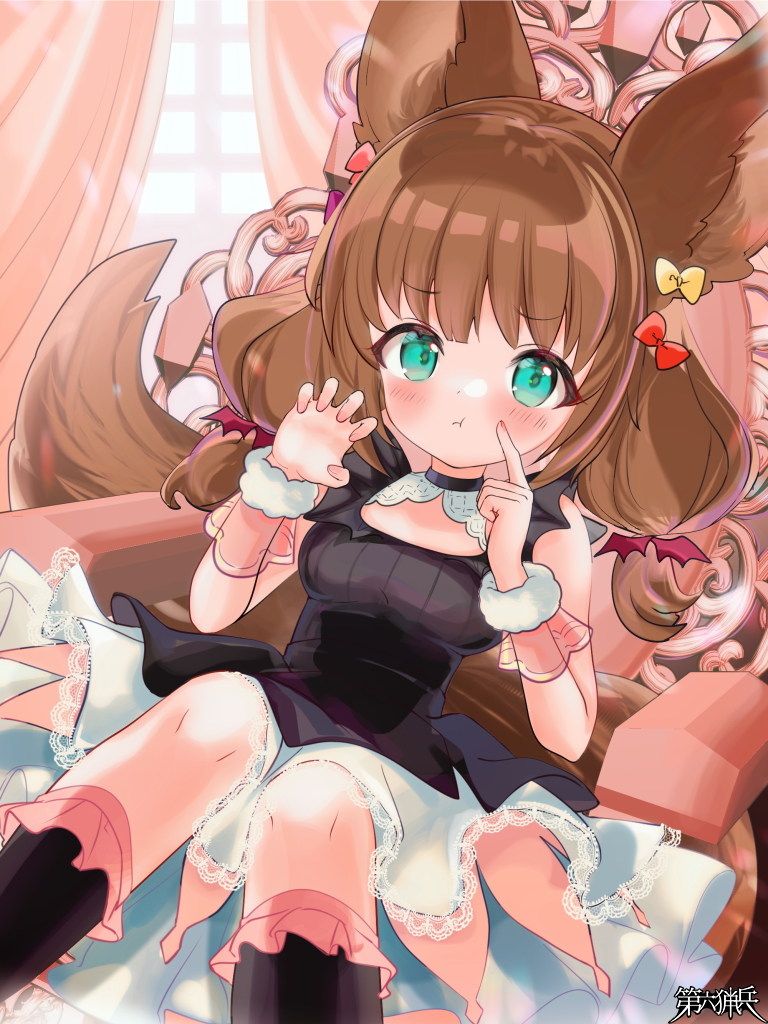 1girl, animal_ears, aqua_eyes, black_dress, blush, bow, breasts, brown_hair