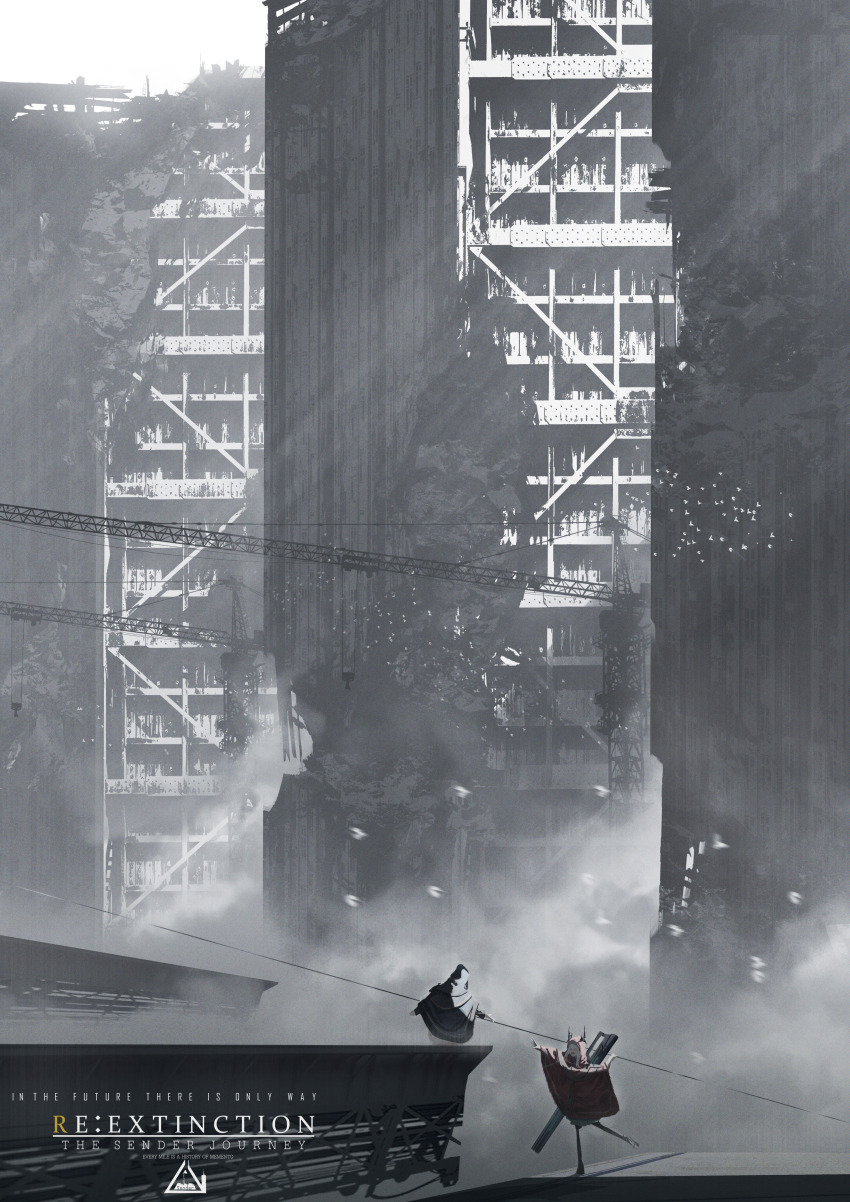 abandoned, absurdres, bird, broken, building, cape, english_text, highres