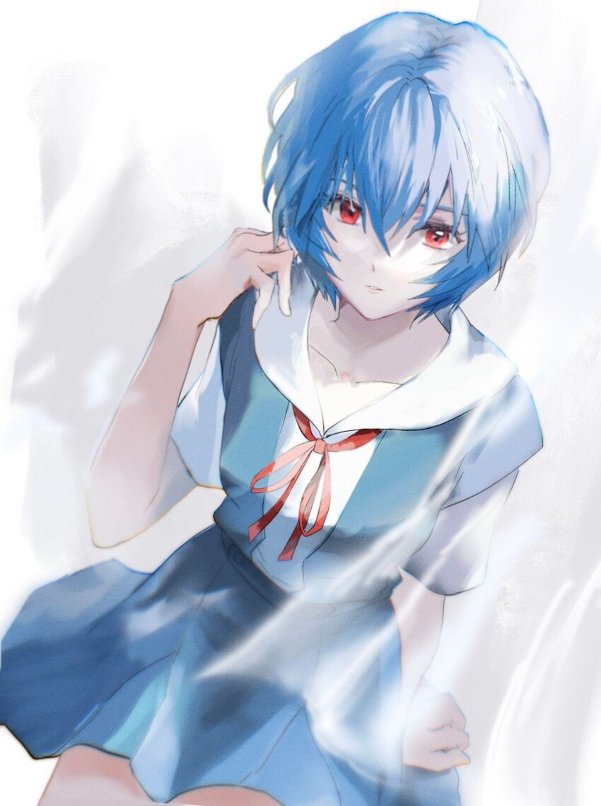 1girl, ayanami_rei, blue_hair, blue_skirt, blue_vest, breasts, collarbone, commentary_request