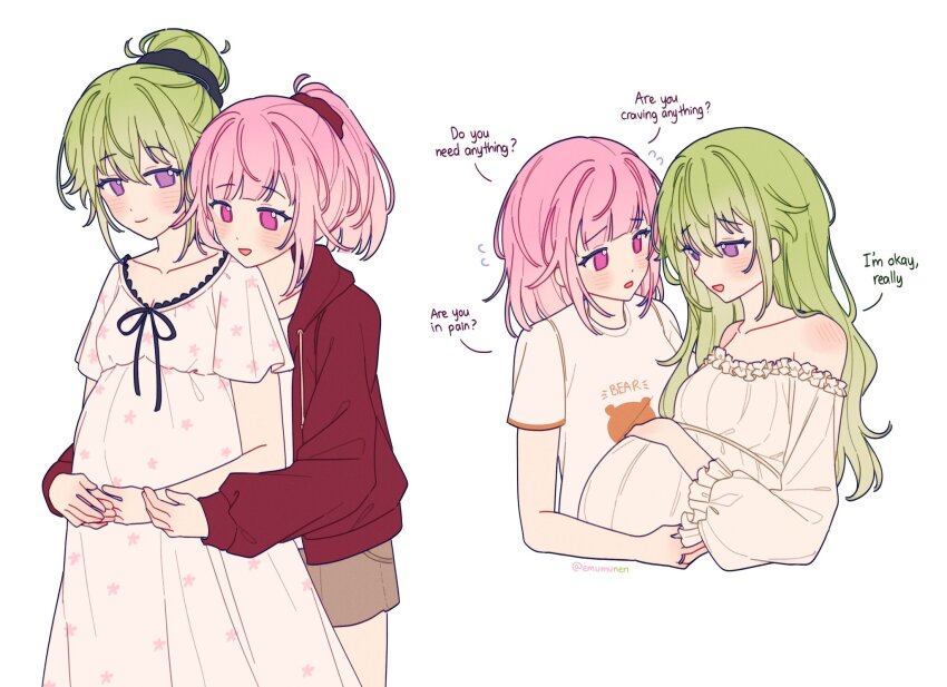 2girls, closed_mouth, commentary, dress, english_commentary, flying_sweatdrops, green_hair, hair_up