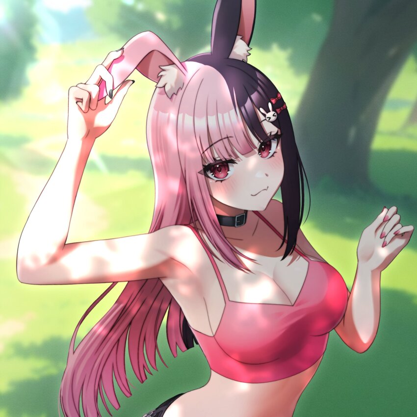 1girl, :3, animal_ear_fluff, animal_ears, arm_up, armpits, bare_arms, bare_shoulders