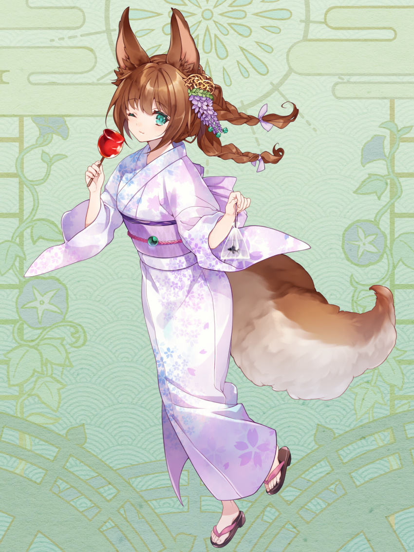 1girl, animal_ears, aqua_eyes, bag, bagged_fish, braid, brown_hair, candy_apple