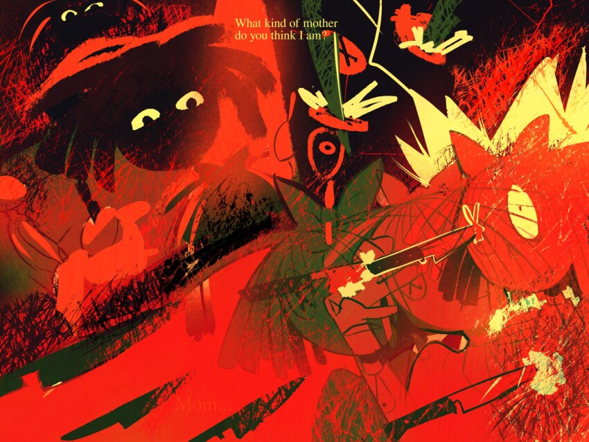 2girls, commentary, english_text, highres, knife, knife_in_head, mother_and_child, mother_and_daughter