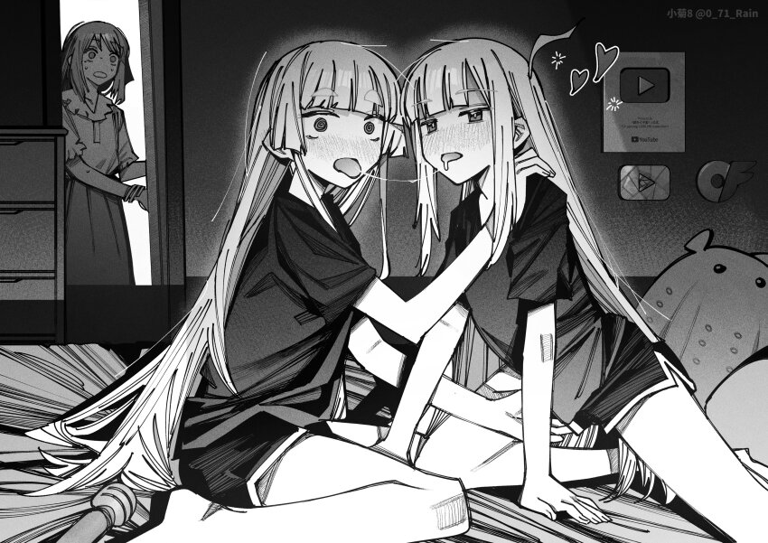 3girls, @_@, absurdres, after_kiss, ahoge, blush, bracelet, caught