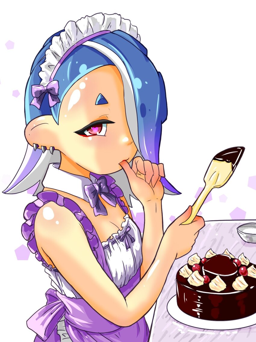 alternate_costume, apron, baking, blue_hair, bow, bowtie, breasts, chocolate