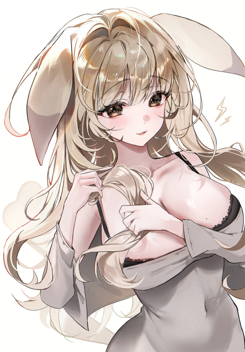 1girl, absurdres, bare_shoulders, black_bra, blush, bra, breasts, brown_eyes