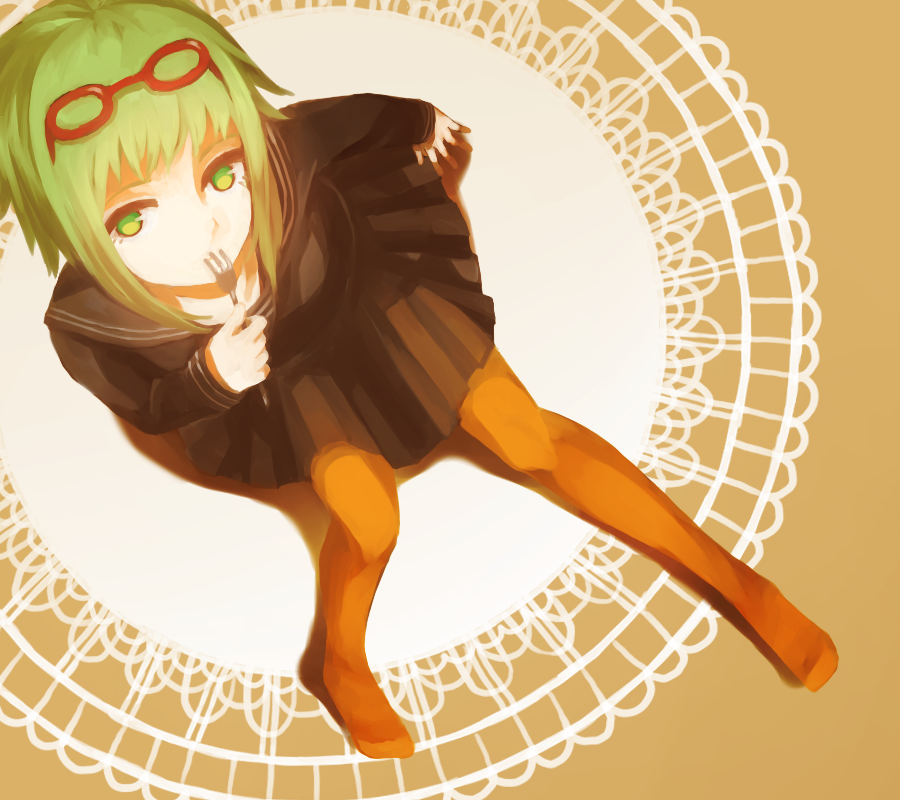 1girl, bad_id, bad_pixiv_id, black_skirt, eyewear_on_head, female_focus, fork, from_above, glasses, green_eyes, green_hair, gumi, holding, holding_fork, lemontea, looking_up, matching_hair/eyes, no_shoes, orange_pantyhose, pantyhose, pleated_skirt, red-framed_eyewear, school_uniform, sitting, skirt, solo, vocaloid, yowamushi_mont-blanc_(vocaloid)