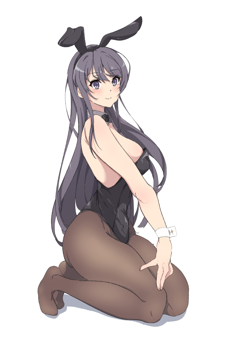 1girl, absurdres, animal_ear_hairband, animal_ears, black_bow, black_bowtie, black_hair, black_leotard, black_pantyhose, bow, bowtie, cogiyamasan, commentary_request, detached_collar, fake_animal_ears, full_body, hairband, highres, kneeling, leotard, long_hair, pantyhose, playboy_bunny, purple_eyes, rabbit_ears, sakurajima_mai, seishun_buta_yarou, simple_background, solo, strapless, strapless_leotard, white_background, wrist_cuffs