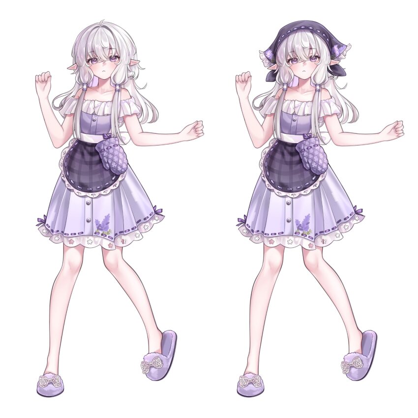 apron, artist_request, bonnet, commentary, dress, elf, english_commentary, flower, highres, indie_virtual_youtuber, lavender_(flower), long_sidelocks, oven_mitts, pointy_ears, powdur_(vtuber), purple_bonnet, purple_dress, purple_eyes, sidelocks, slippers, unworn_oven_mitts, white_background, white_hair