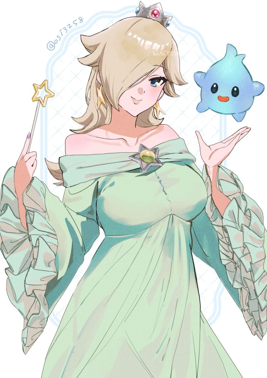 1girl, aqua_dress, bare_shoulders, blonde_hair, blue_eyes, blush, breasts, brooch